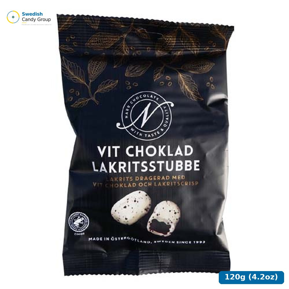 Narr Vit Choklad Lakritsstubbe 120G — 12 bags